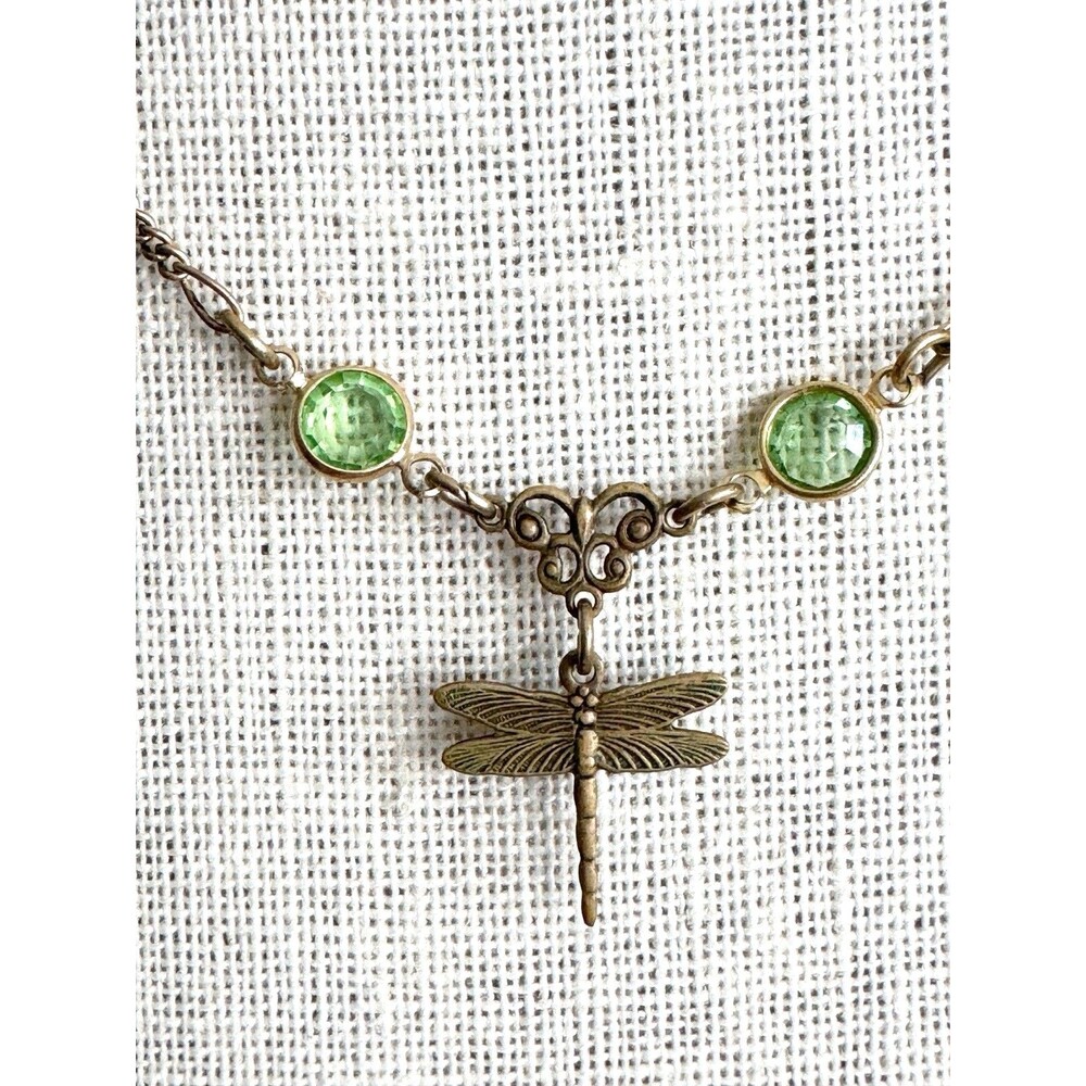 Sadie Green Art Nouveau Victorian Revival Brass Dragon Fly Necklace Dainty 16”